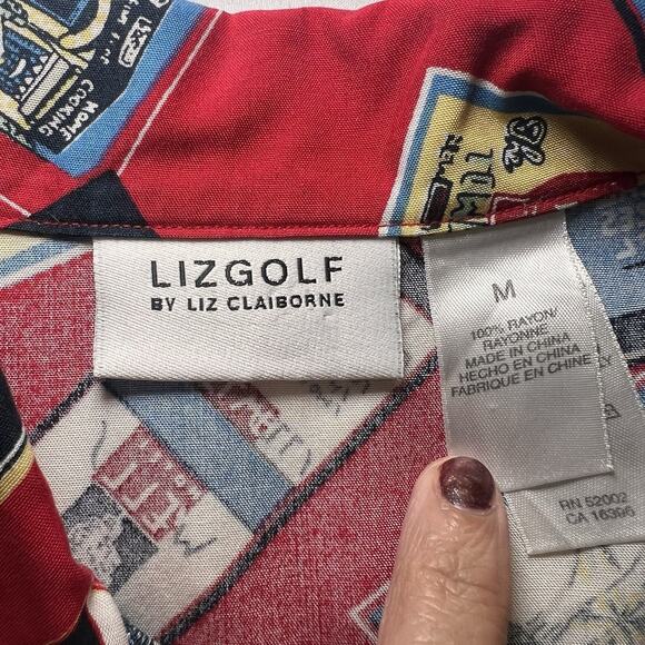 Liz Golf Shirt Women's Size M Red Travel Print Button Short Sleeve Vintage 90s - Picture 12 of 13